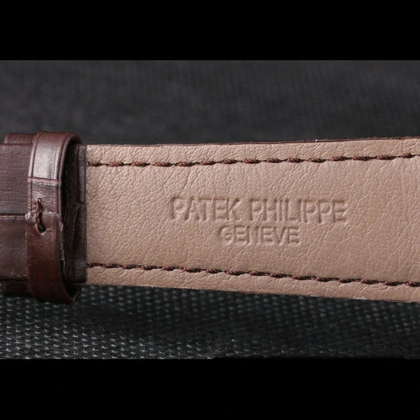 Patek Philipe Calatrava Roze Gold Ribbed Bezel Brown Leather Bracelet new59426