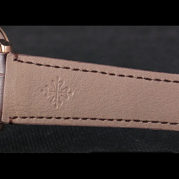 Patek Philipe Calatrava Roze Gold Ribbed Bezel Brown Leather Bracelet new59426