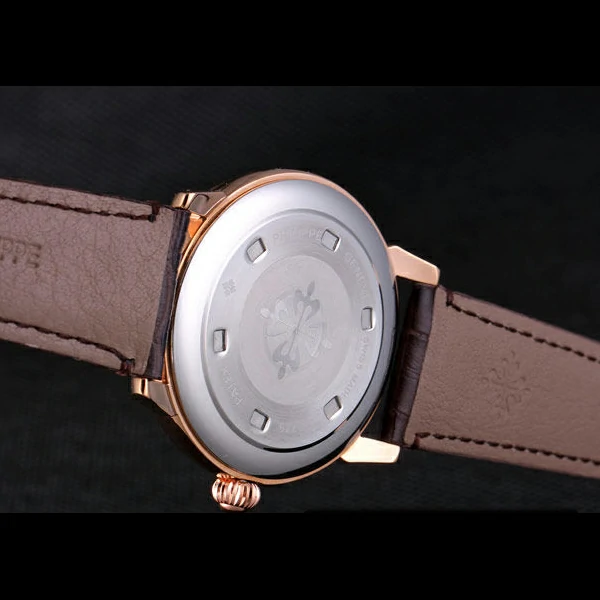 Patek Philipe Calatrava Roze Gold Ribbed Bezel Brown Leather Bracelet new59426
