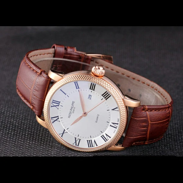 Patek Philipe Calatrava Roze Gold Ribbed Bezel Brown Leather Bracelet new59427