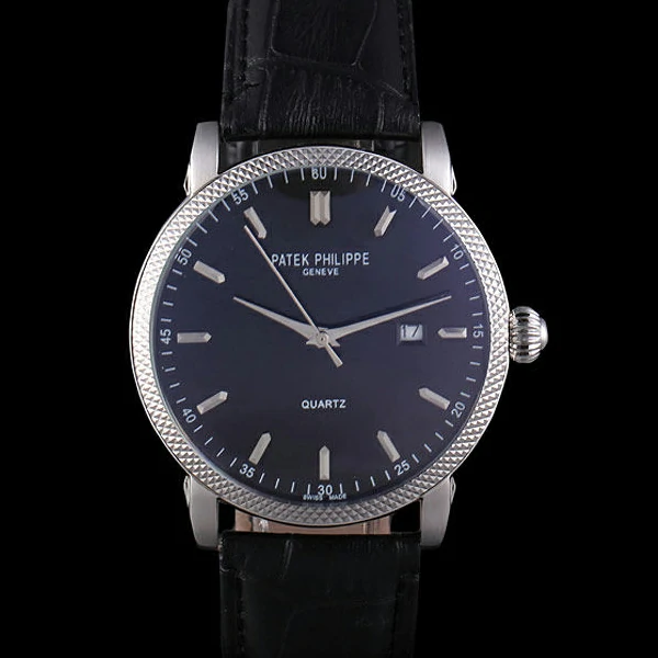 Patek Philipe Calatrava Stainless Steel Ribbed Bezel Black Leather Bracelet new59424