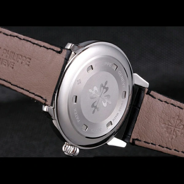 Patek Philipe Calatrava Stainless Steel Ribbed Bezel Black Leather Bracelet new59424
