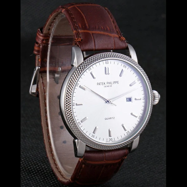 Patek Philipe Calatrava Stainless Steel Ribbed Bezel Brown Leather Bracelet new59422