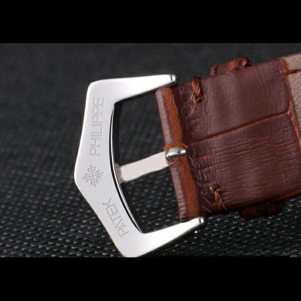 Patek Philipe Calatrava Stainless Steel Ribbed Bezel Brown Leather Bracelet new59422