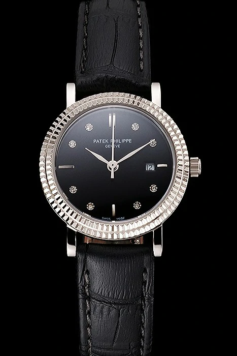 Patek Philippe Calatrava Black Dial Diamond Hour Marks Double Ribbed Bezel Stainless Steel Case Black Leather Strap new122467