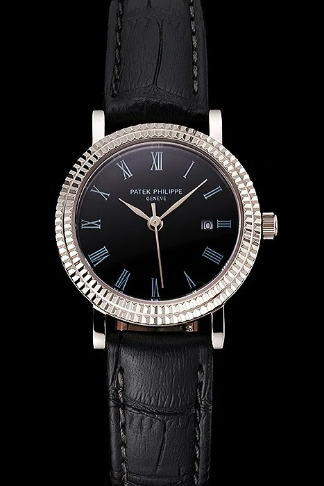 Patek Philippe Calatrava Black Dial Roman Numerals Double Ribbed Bezel Stainless Steel Case Black Leather Strap new122472