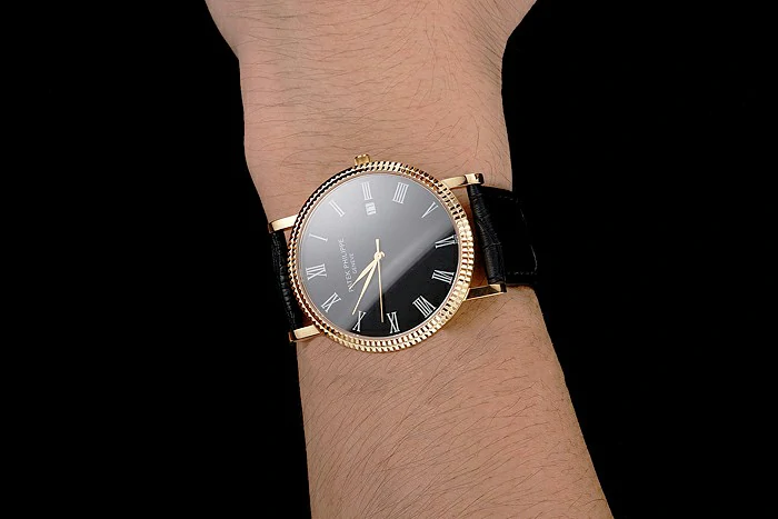 Patek Philippe Calatrava Black Dial Roman Numerals Ribbed Bezel Gold Case Black Leather Strap new122473