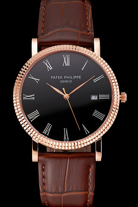 Patek Philippe Calatrava Black Dial Roman Numerals Ribbed Bezel Rose Gold Case Brown Leather Strap new122474
