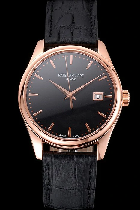 Patek Philippe Calatrava Black Dial Rose Gold Case Black Leather Strap new121576