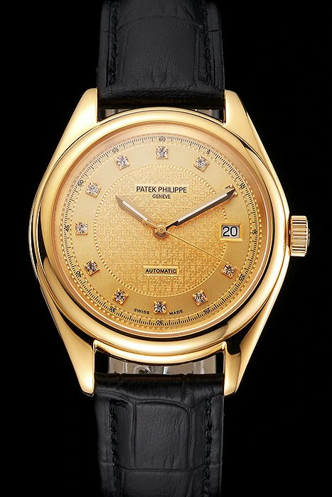 Patek Philippe Calatrava Gold Dial Diamond Markings Gold Case Black Leather Strap new121989