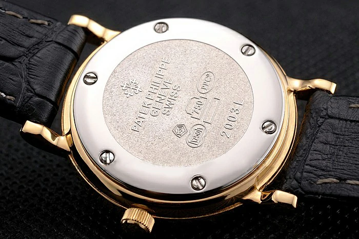 Patek Philippe Calatrava Gold Dial Dimond Hour Marks Double Ribbed Bezel Gold Case Black Leather Strap new122477