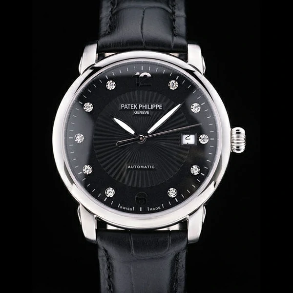 Patek Philippe Calatrava Polished Bezel Black Dial Black Leather Strap new59019