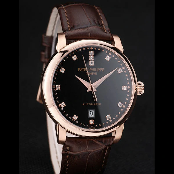 Patek Philippe Calatrava Polished Bezel Black Dial Brown Leather Strap new59013