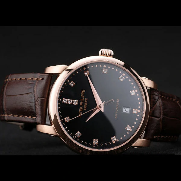 Patek Philippe Calatrava Polished Bezel Black Dial Brown Leather Strap new59013