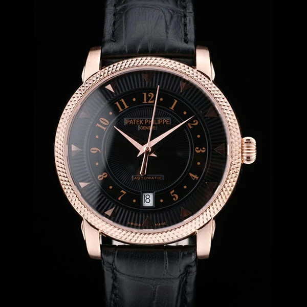 Patek Philippe Calatrava Ribbed Bezel Black Dial Black Leather Strap new59016