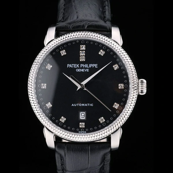 Patek Philippe Calatrava Ribbed Bezel Black Dial Black Leather Strap new59026