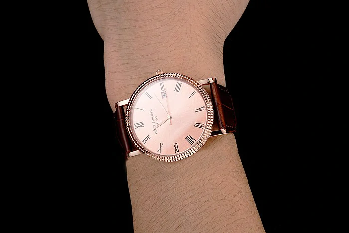 Patek Philippe Calatrava Rose Gold Dial Roman Numerals Ribbed Bezel Rose Gold Case Brown Leather Strap new122480