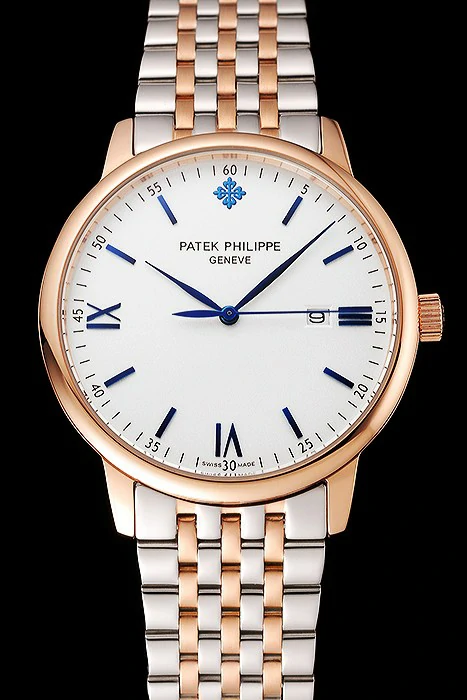Patek Philippe Calatrava White Dial Blue Numerals Rose Gold Case Two Tone Bracelet new123934