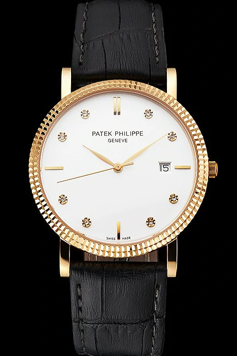 Patek Philippe Calatrava White Dial Diamond Hour Marks Ribbed Bezel Gold Case Black Leather Strap new122482