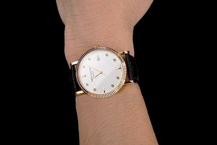 Patek Philippe Calatrava White Dial Diamond Hour Marks Ribbed Bezel Gold Case Black Leather Strap new122482