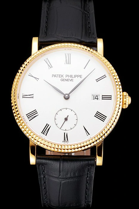 Patek Philippe Calatrava White Dial Gold Case Fluted Bezel Black Leather Strap new121582