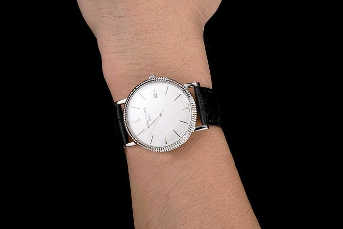 Patek Philippe Calatrava White Dial Ribbed Bezel Stainless Steel Case Black Leather Strap new122484