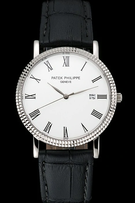 Patek Philippe Calatrava White Dial Roman Numerals Ribbed Bezel Stainless Steel Case Black Leather Strap new122488