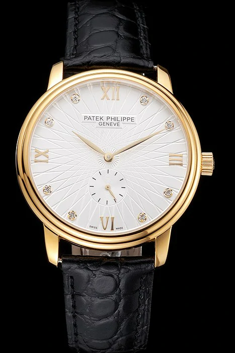 Patek Philippe Calatrava White Embossed Dial Gold Case Black Leather Strap new121962