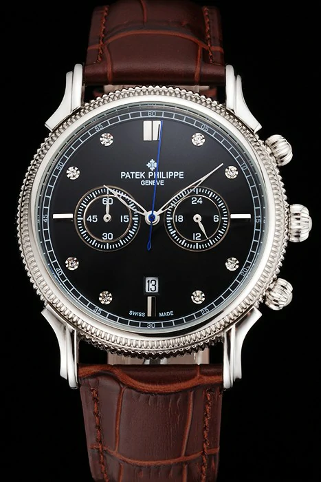 Patek Philippe Chronograph Black Dial With Diamonds Stainless Steel Case Brown Leather Strap new122953