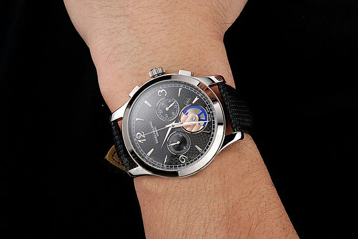 Patek Philippe Chronograph Black Guilloche Dial Stainless Steel Case Black Leather Strap new123379