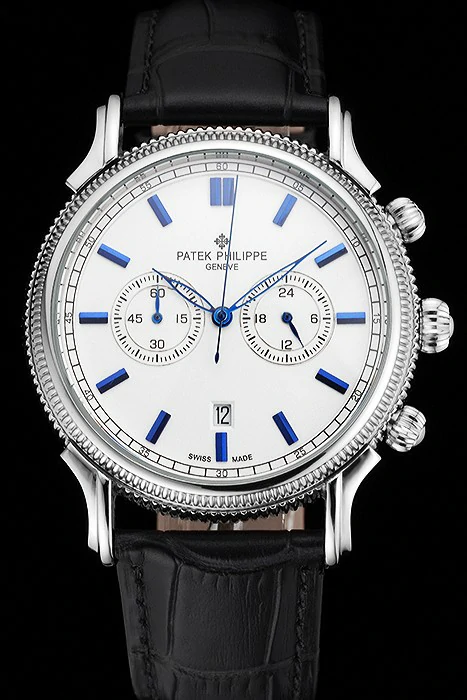 Patek Philippe Chronograph White Dial Blue Markings Stainless Steel Case Black Leather Strap new122956