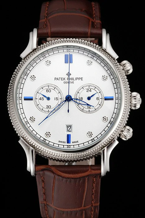 Patek Philippe Chronograph White Dial With Diamond And Blue Markings Stainless Steel Case Brown Leather Strap new122957