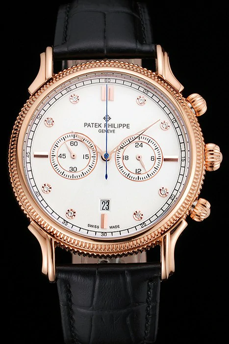 Patek Philippe Chronograph White Dial With Diamonds Rose Gold Case Black Leather Strap new122962