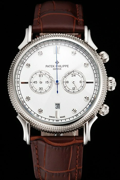 Patek Philippe Chronograph White Dial With Diamonds Stainless Steel Case Brown Leather Strap new122955