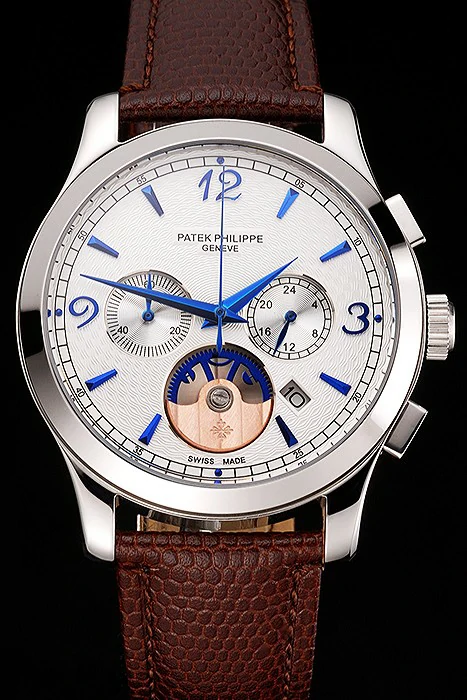 Patek Philippe Chronograph White Guilloche Dial Blue Hands Stainless Steel Case Brown Leather Strap new123386