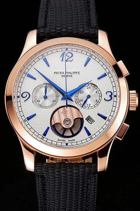 Patek Philippe Chronograph White Guilloche Dial Rose Gold Case Black Leather Strap new123382