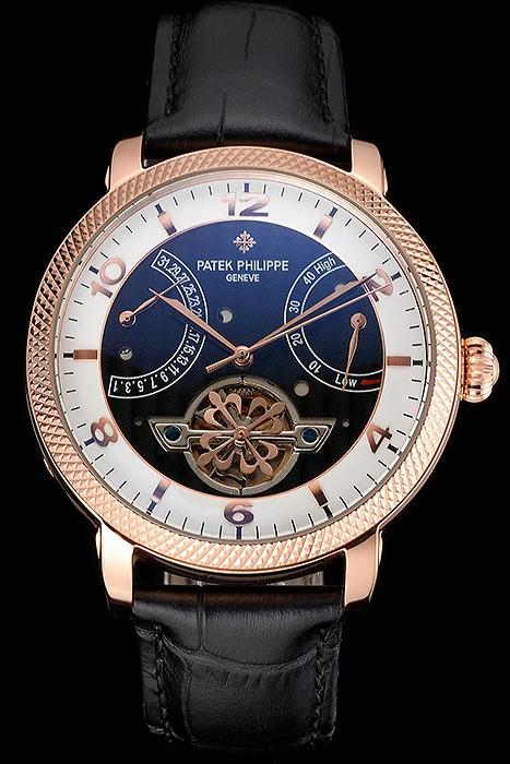 Patek Philippe Classic Tourbillon Power Reserve Black And White Dial Rose Gold Case Black Leather Strap new121077