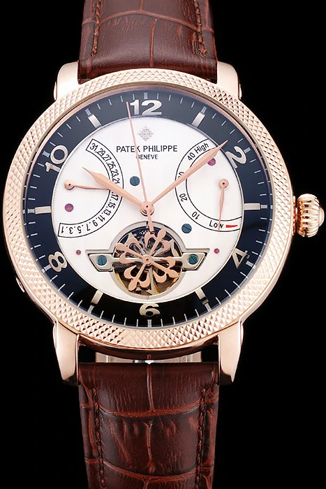 Patek Philippe Classic Tourbillon Power Reserve Black And White Dial Rose Gold Case Brown Leather Strap new121076