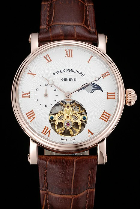 Patek Philippe Complications Moonphase Tourbillon White Dial Rose Gold Case Brown Leather Strap new122619