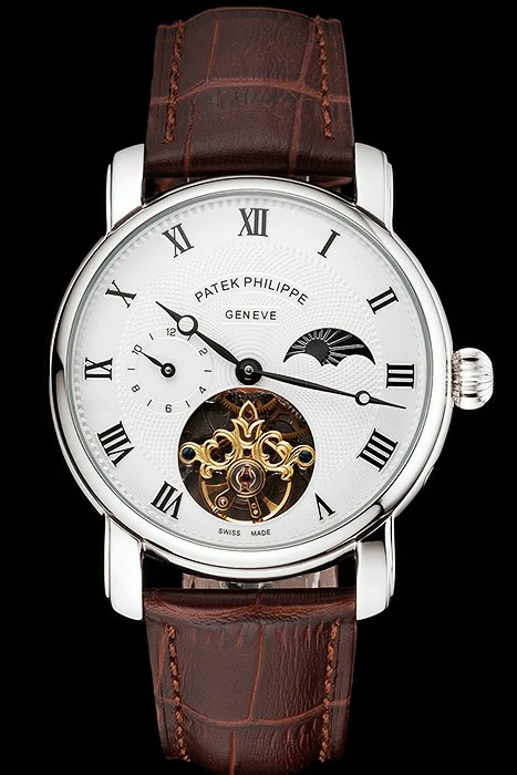 Patek Philippe Complications Moonphase Tourbillon White Dial Stainless Steel Case Brown Leather Strap new122617