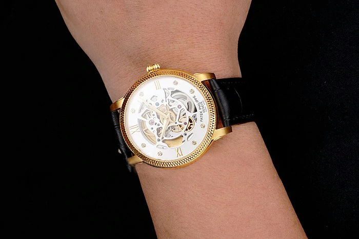 Patek Philippe Complications Openworked Dial Gold Case Fluted Bezel Black Leather Strap new122001