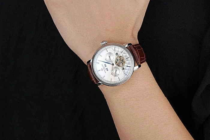 Patek Philippe Day Date Tourbillon White Dial Stainless Steel Case Embossed Bezel Brown Leather Strap new120814