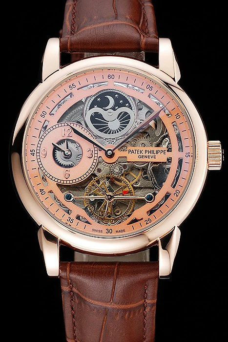 Patek Philippe Dual Time Moonphase Tourbillon Gold Skeletonised Dial Rose Gold Case Brown Leather Strap new121081
