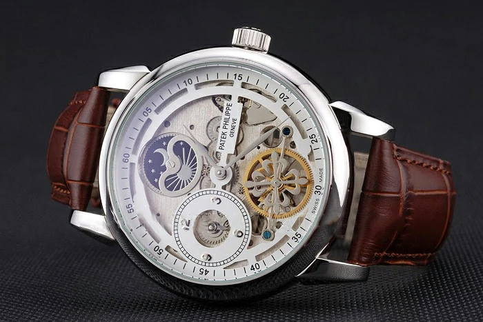 Patek Philippe Dual Time Moonphase Tourbillon White Skeletonised Dial Stainless Steel Case Brown Leather Strap new121078