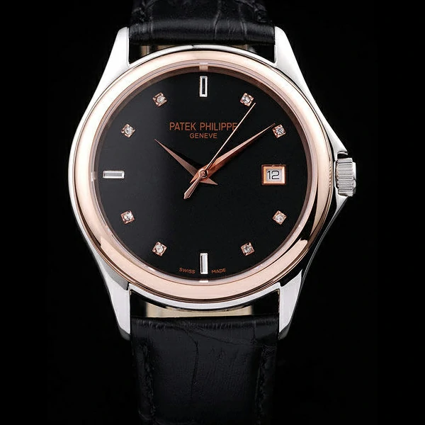 Patek Philippe Geneve Calatrava Crystal Studded Hour Marker Black Dial Black Leather Strap new58228