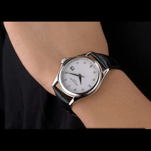 Patek Philippe Geneve Calatrava Crystal Studded Hour Marker White Dial Black Leather Strap new58230