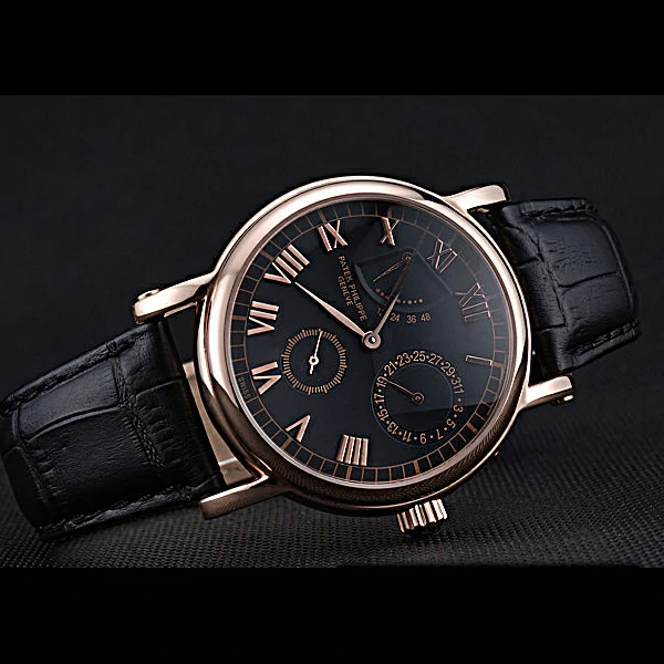 Patek Philippe Geneve Complications Black Dial Rose Gold Bezel Black Leather Band new60042