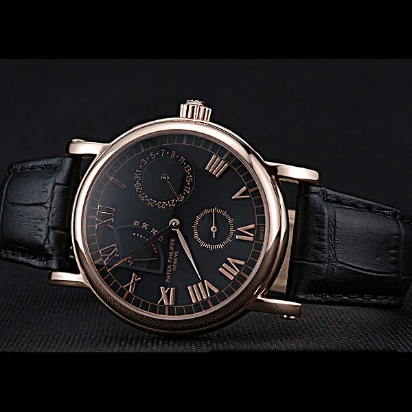 Patek Philippe Geneve Complications Black Dial Rose Gold Bezel Black Leather Band new60042