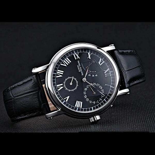 Patek Philippe Geneve Complications Black Dial Stainless Steel Bezel Black Leather Band new60040