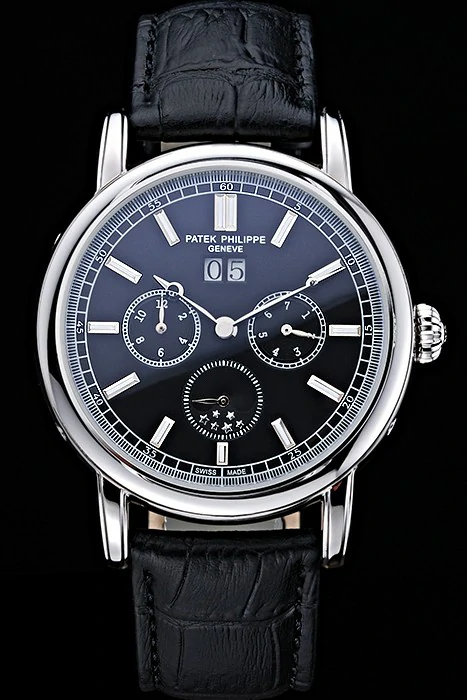 Patek Philippe Geneve Grand Complications Black Dial Stainless Steel Bezel Black Leather Band new118604